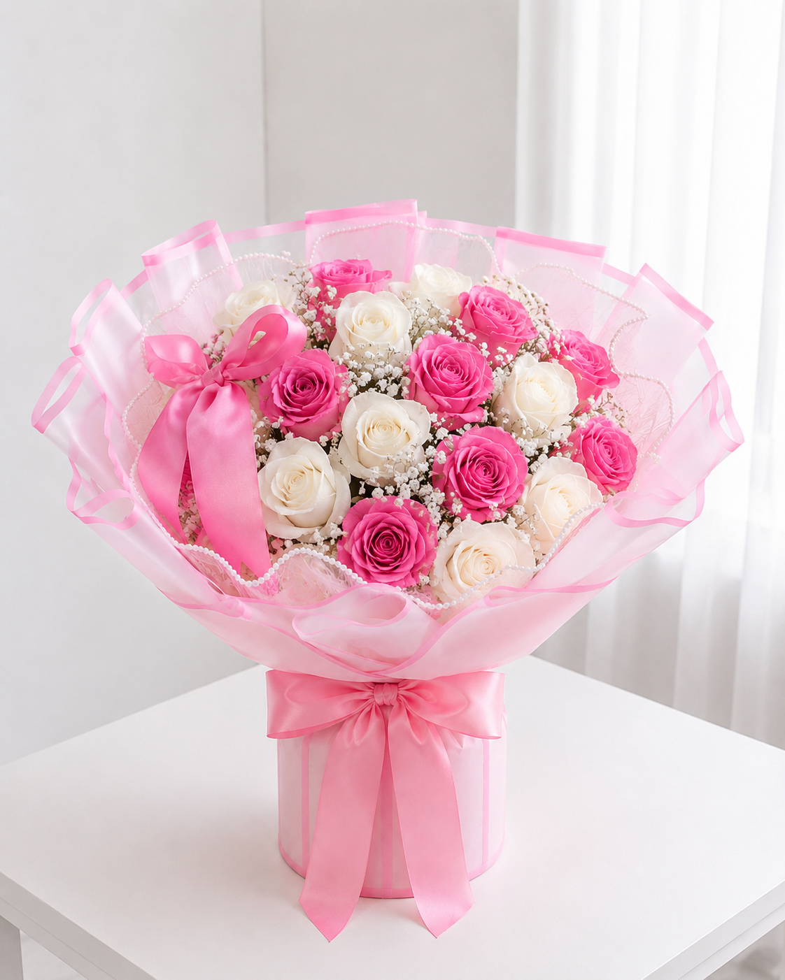 My Beautiful Love pink and white rose bouquet with baby’s breath and elegant pink wrapping in Edmonton