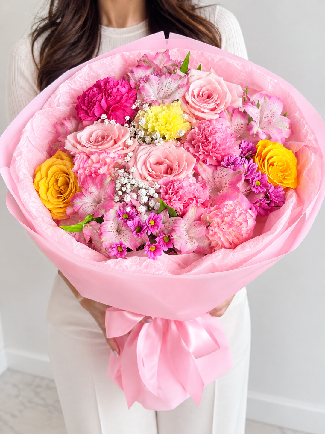 Garden Full of Happiness colourful flower bouquet with pink roses, gerberas, carnations, lisianthus and seasonal blooms in Edmonton.