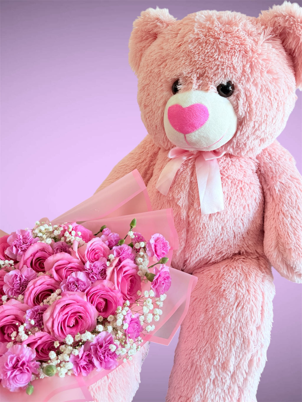 Pink rose bouquet with teddy bear — Edmonton florist