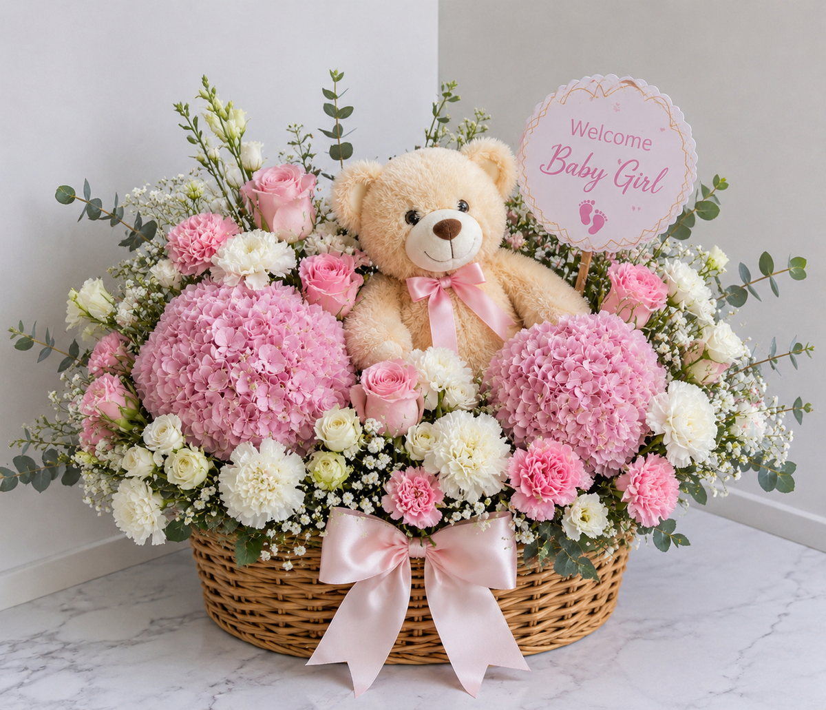 A baby shower floral basket arrangement featuring pink and white flowers, green foliage, a beige teddy bear with a pink bow, and a round sign that reads 'Welcome Baby Girl'