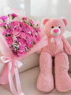 Pink rose bouquet with teddy bear — Edmonton florist