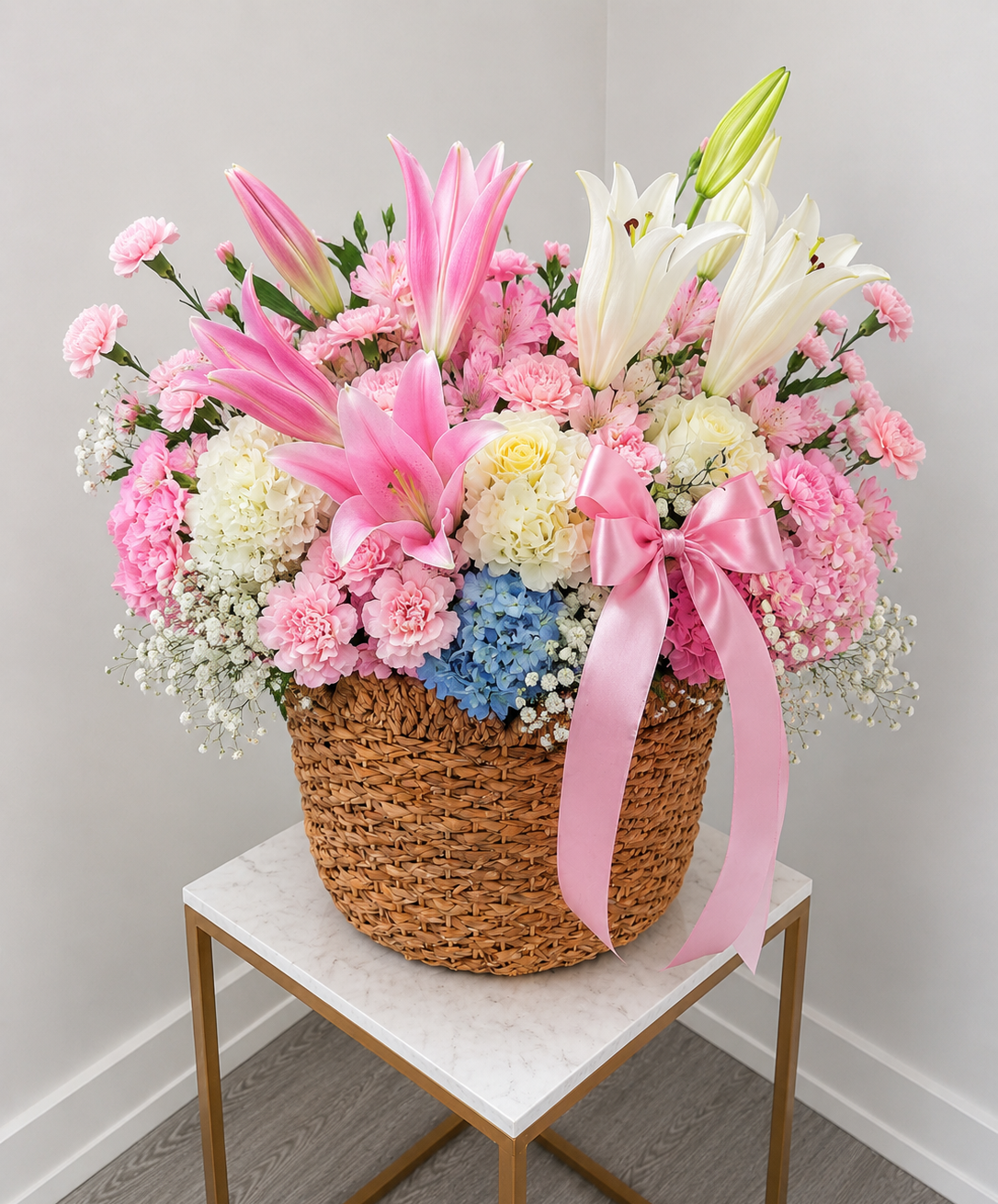 Basket of lilies, roses, hydrangeas, carnations and other seasonal blooms- Edmonton florist