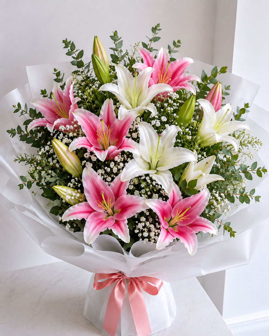 A vibrant flower bouquet featuring pink and white lilies, green foliage, and baby's breath, wrapped in frost clear  paper with a pink ribbon bow at the base.