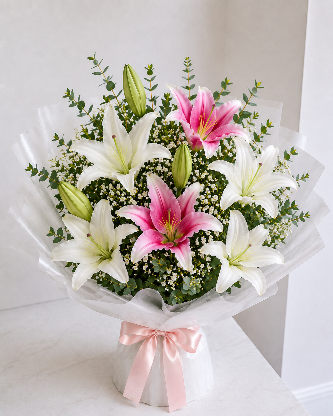 A fresh flower bouquet featuring white and pink lilies, green buds, and eucalyptus stems, wrapped in clear cellophane with a light pink ribbon at the base.