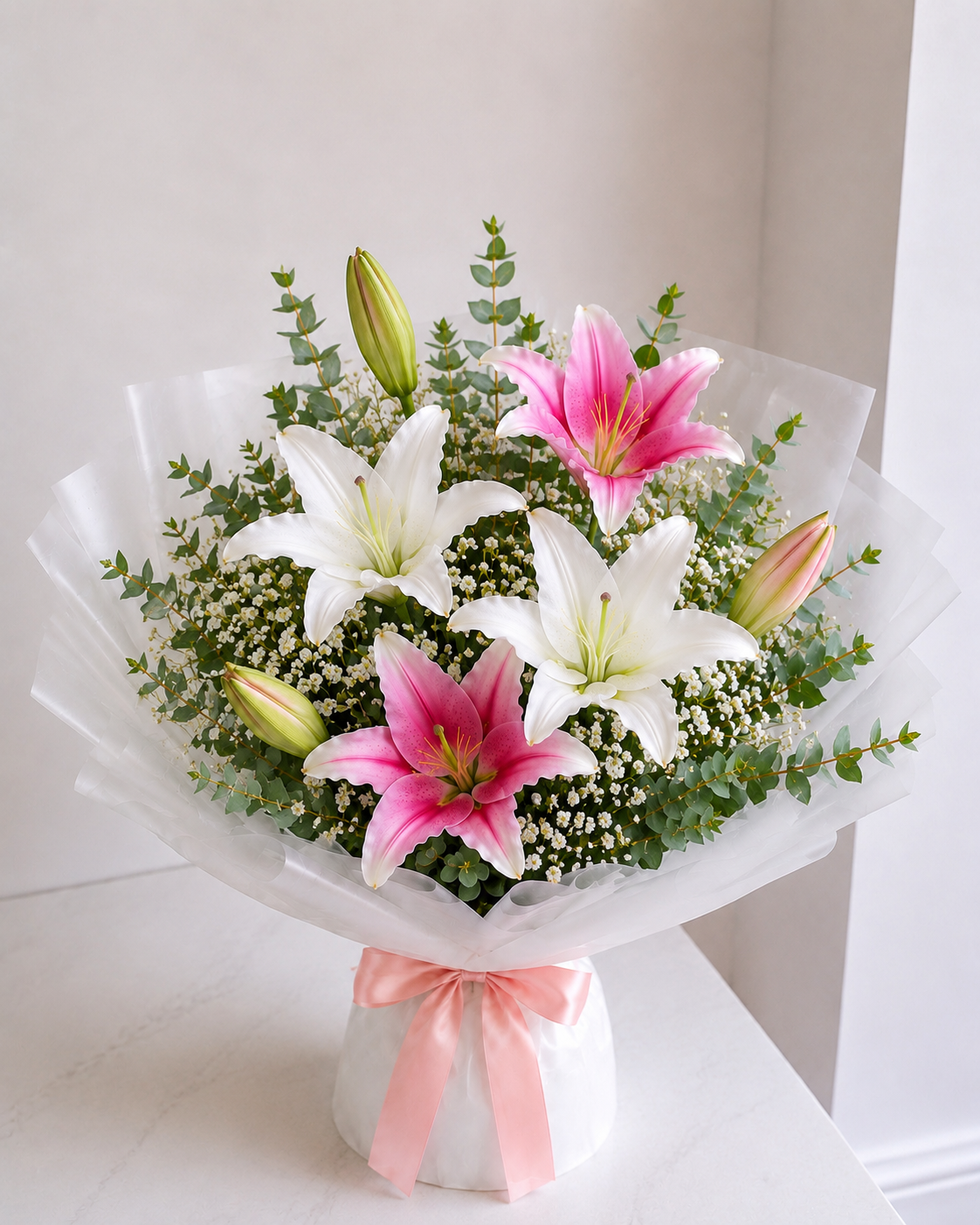 A fresh flower bouquet featuring white and pink lilies, green eucalyptus foliage, and baby's breath, wrapped in white tissue paper with a light pink ribbon bow at the base, Flowers Shop Edmonton 