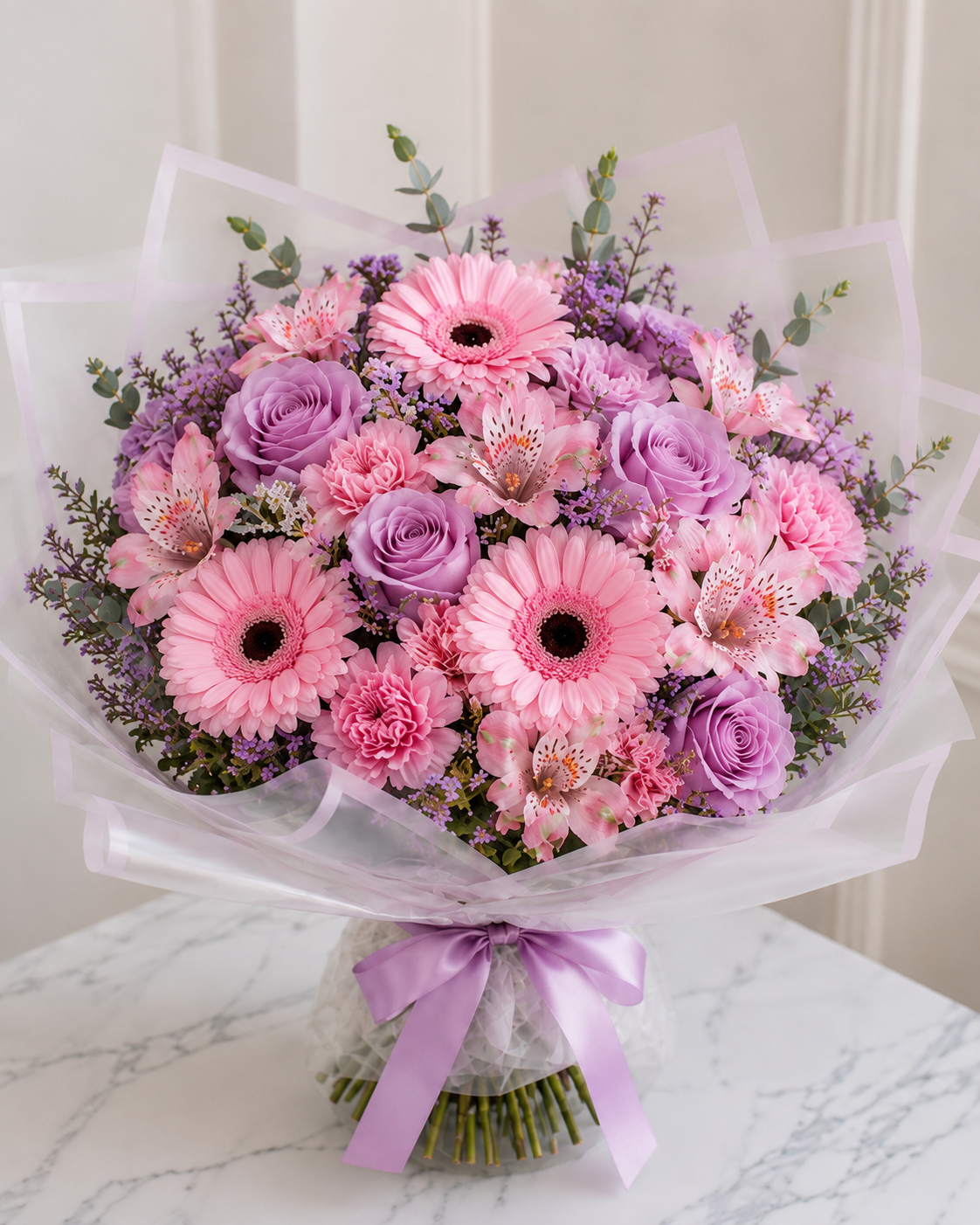 A vibrant flower bouquet featuring pink and purple flowers, wrapped in clear cellophane with a light purple ribbon,