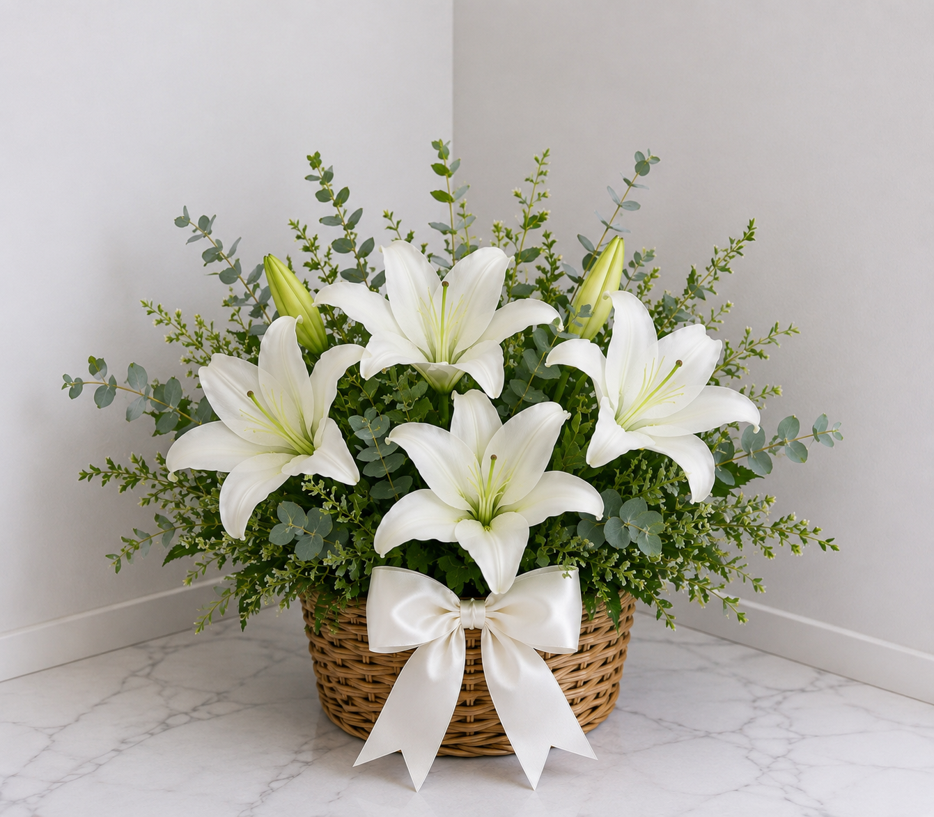 A floral arrangement of six white lilies and green eucalyptus stems in a woven wicker basket, tied with a white satin bow by flowers shop Edmonton 