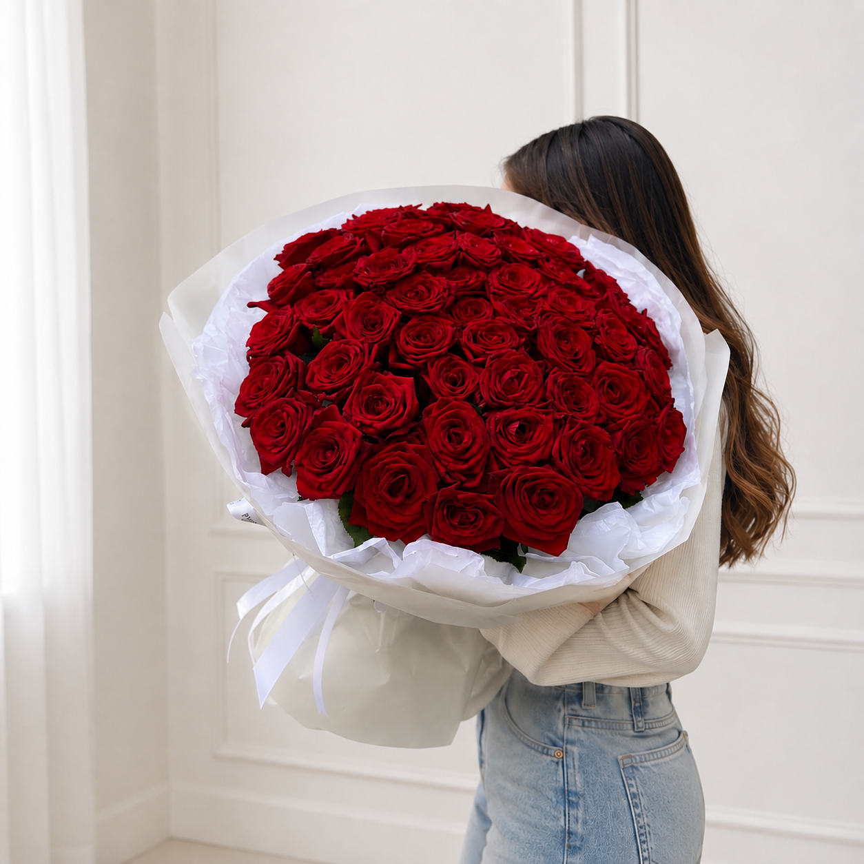 A 60 Red Rose bouquet wrapped in  a white paper, romantic flowers Edmonton - Flowers Shop Edmonton 