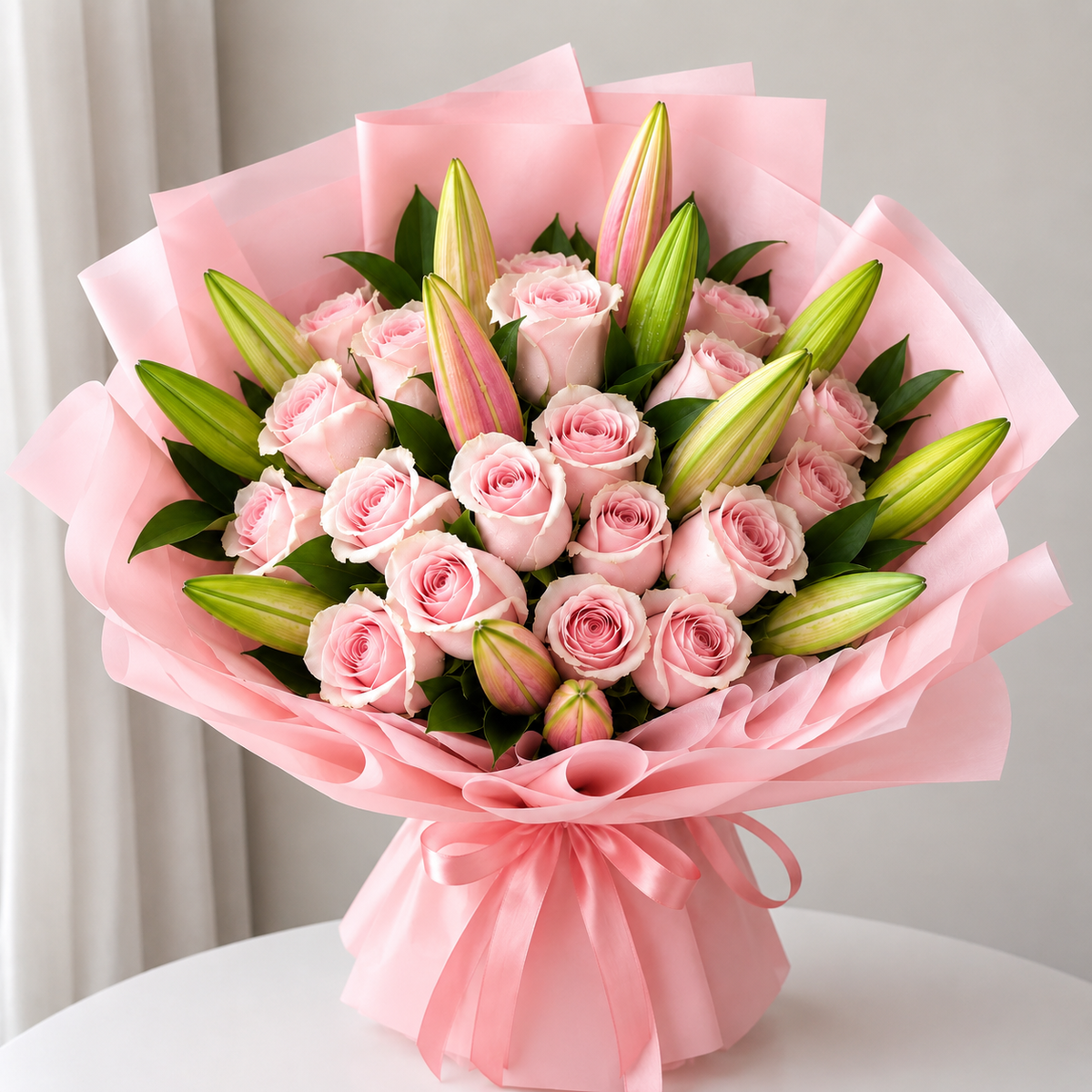 A bouquet of pink roses and green lily buds wrapped in light pink  paper and tied with a pink ribbon - flowers shop Edmonton 