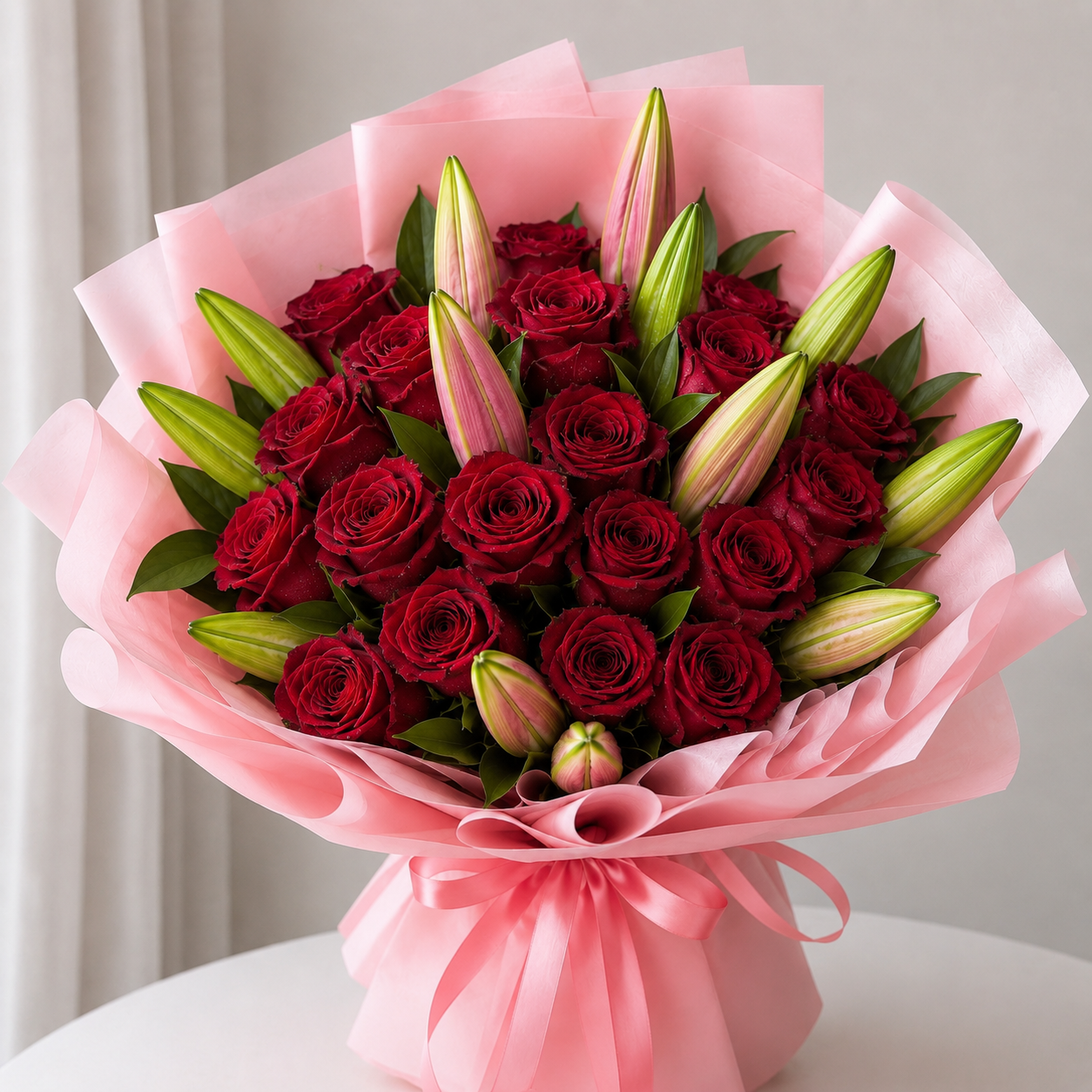 A bouquet of deep red roses mixed with green lily buds, wrapped in light pink  paper and tied with a matching pink ribbon, flowers shop Edmonton 