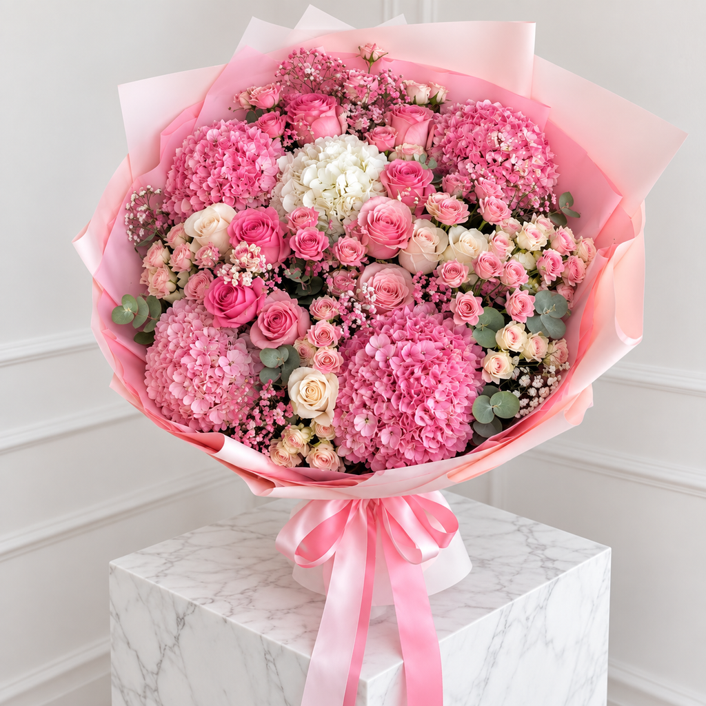 Pink hydrangea and spray rose bouquet with eucalyptus and baby’s breath in Edmonton