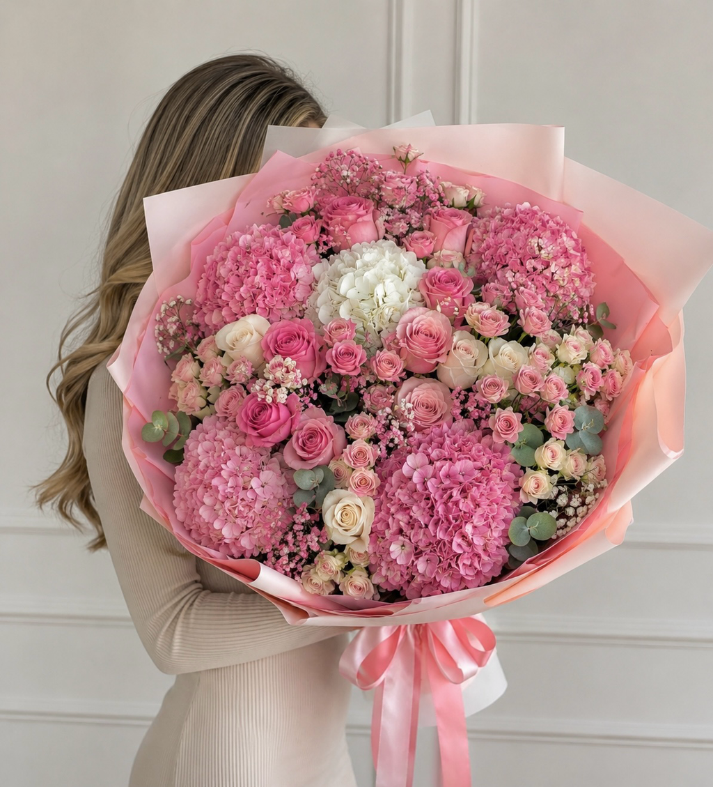 Pink hydrangea and spray rose bouquet with eucalyptus and baby’s breath in Edmonton